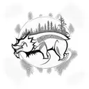 A stylized silhouette of the Arkansas Razorbacks logo surrounded by a forest of pine trees, representing the client's favorite sports team and their love for the countryside tattoo design idea
