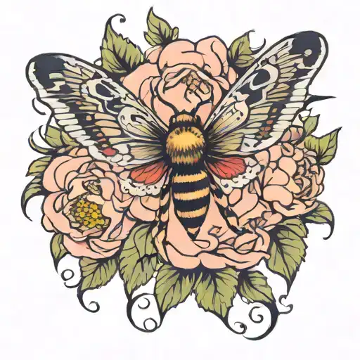 death head moth with peonies and leaves tattoo design idea