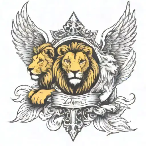 lions and christian cross with angel wings tattoo design idea