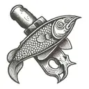 A bricklayer's trowel morphing into a fishing hook tattoo design idea