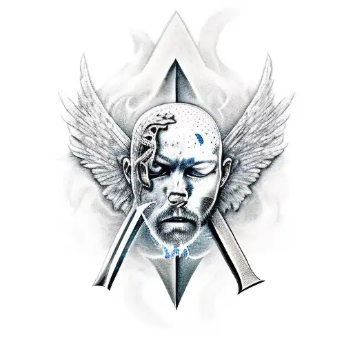 fallen warrior with a sword that shows hit brain, 1 female angel, 1 female child angel, 3 male children helping him up tattoo design idea