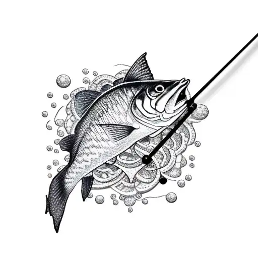 A dotwork tattoo of a fishing rod with a line extending into an intricate geometric pattern representing water tattoo design idea