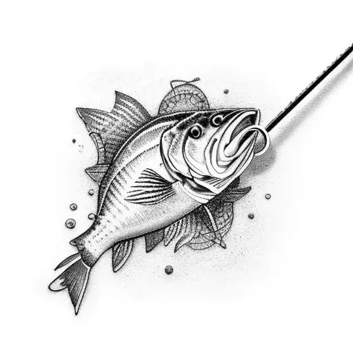 A dotwork tattoo of a fishing rod with a line extending into an intricate geometric pattern representing water tattoo design idea