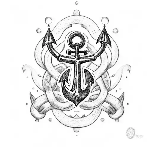A dotwork tattoo of a boat anchor surrounded by swirling waves, with a dog's paw print incorporated into the design tattoo design idea