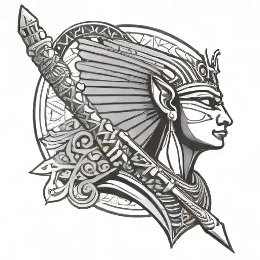 A black-grey tattoo of a powerful Egyptian deity holding a staff with hieroglyphics tattoo design idea