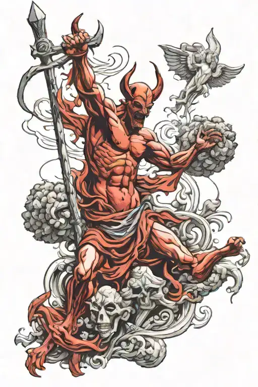 devil knocking god down from heaven with god cross tattoo design idea