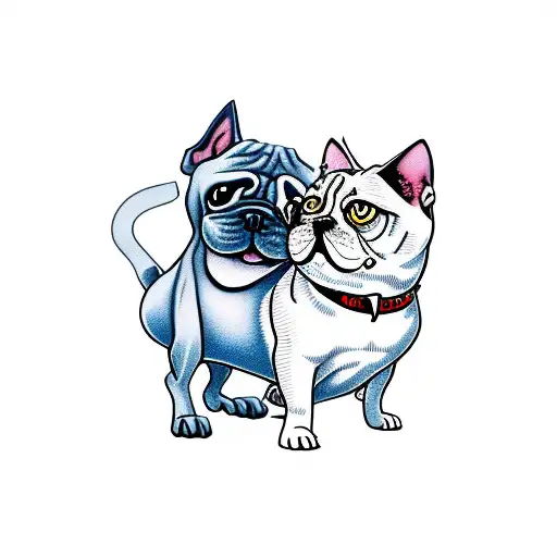 small dark bulldog and the fat white cat tattoo design idea