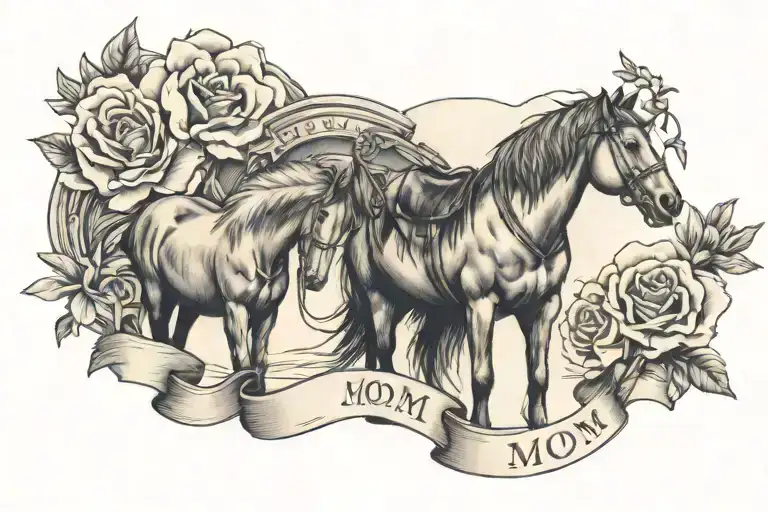horses and flowers with a banner that says mom on my left side of chest and a 1949 mercury truck with tools  tattoo design idea
