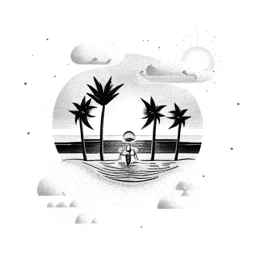 Beach scene with a book as the sun and concert tickets as palm trees tattoo design idea