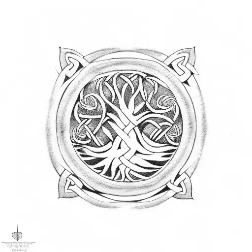 tree of life, Viking style celtic knot, long branches upper left and upper right sides tattoo design idea