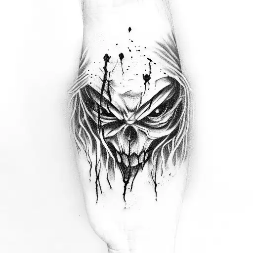 An eerie black-grey tattoo of Scarecrow holding a blood-stained crow in his hand, inspired by horrors. tattoo design idea
