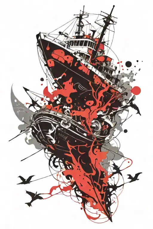 boat sailing with sea monsters hidden tattoo design idea