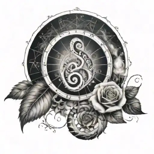 A unique combination of the cancer zodiac symbol and Fibonacci sequence, with a focus on music symbolism and spiritual elements tattoo design idea