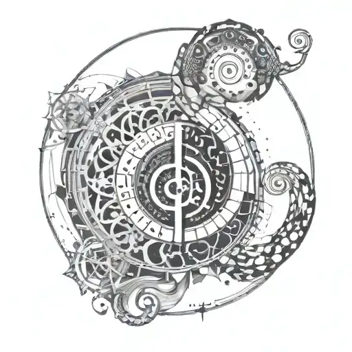 A unique combination of the cancer zodiac symbol and Fibonacci sequence, with a focus on music symbolism and spiritual elements tattoo design idea
