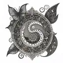 A unique combination of the cancer zodiac symbol and Fibonacci sequence, with a focus on music symbolism and spiritual elements tattoo design idea