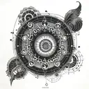 A unique combination of the cancer zodiac symbol and Fibonacci sequence, with a focus on music symbolism and spiritual elements tattoo design idea