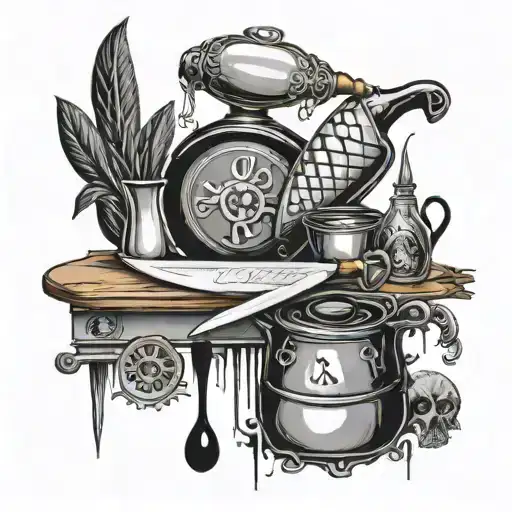 French writing on the kitchen and symbols on the kitchen (knife mandatory but not main) tattoo design idea