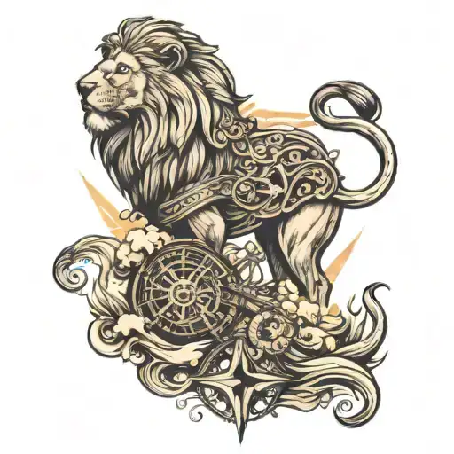 lion roaring cross compass ship tattoo design idea