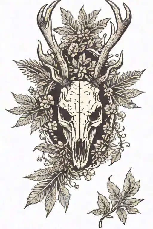 stag skull with pines and leaves around it  tattoo design idea