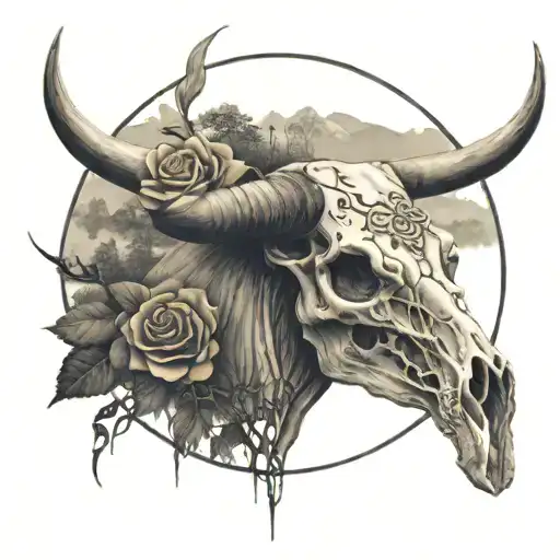 Bull Skull inside a zen circle, up in the sky, above a landscape of a forest, water and mountains. The skull has a rose tattoo design idea