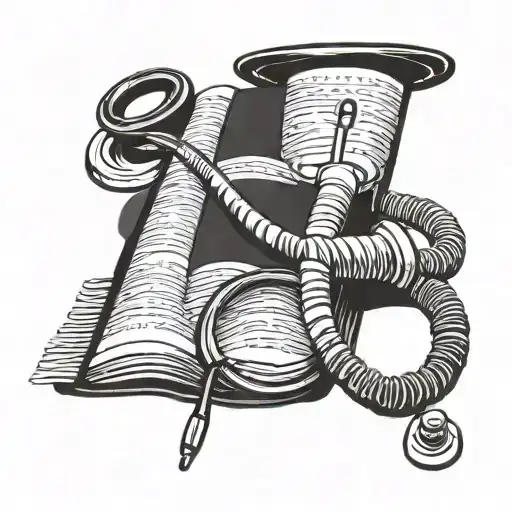 A traditional tattoo of a stethoscope wrapped around a book with BTS lyrics written in the background tattoo design idea