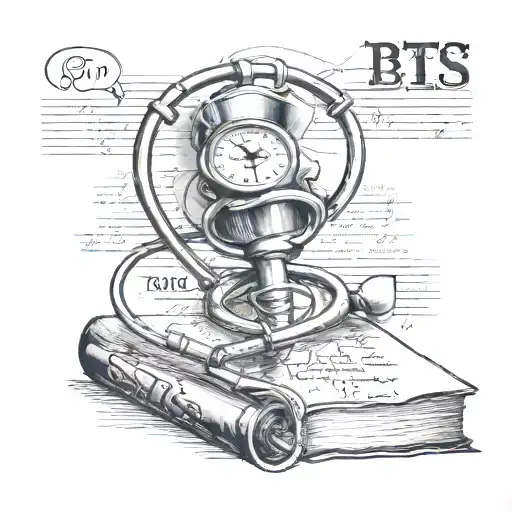 A traditional tattoo of a stethoscope wrapped around a book with BTS lyrics written in the background tattoo design idea