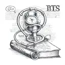 A traditional tattoo of a stethoscope wrapped around a book with BTS lyrics written in the background tattoo design idea
