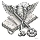 A traditional tattoo of a stethoscope wrapped around a book with BTS lyrics written in the background tattoo design idea