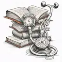 A traditional tattoo of a stethoscope wrapped around a book with BTS lyrics written in the background tattoo design idea