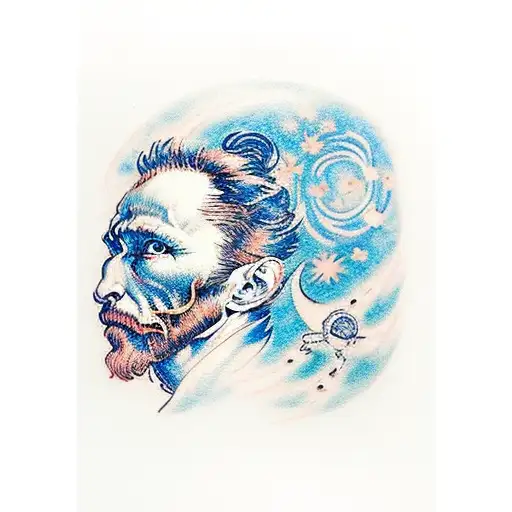 astronauta desintegrándose con la noche estrellada de Van Gogh en su mano  tattoo design idea
