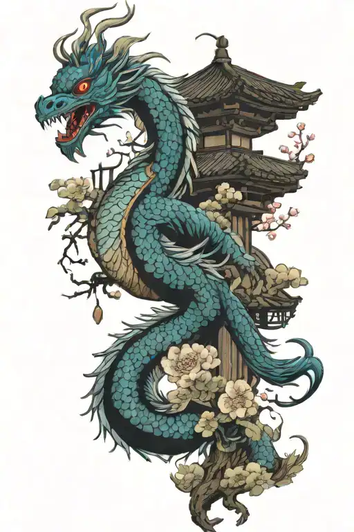 Japanese dragon, Peacock and Japanese Temple Cherry Tree tattoo design idea