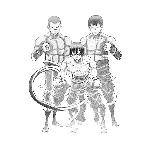 Create a blackwork tattoo of a boxing ring with Attack on Titan characters as spectators tattoo design idea