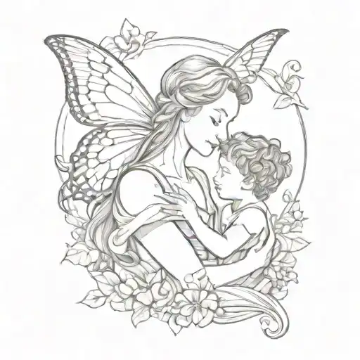 A butterfly landing on the shoulder of an angel holding a mother and son in a sketch style tattoo design idea