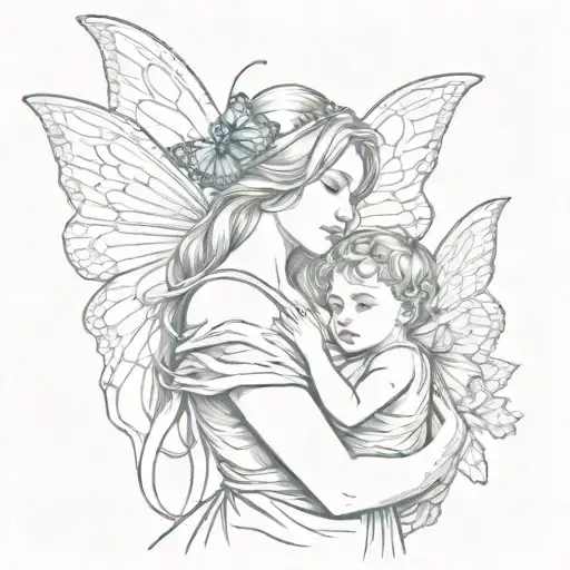 A butterfly landing on the shoulder of an angel holding a mother and son in a sketch style tattoo design idea