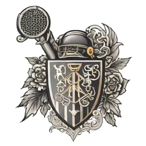 A tattoo featuring a family crest incorporating symbols of ice hockey, Italian culture, Irish heritage, and Portuguese traditions tattoo design idea