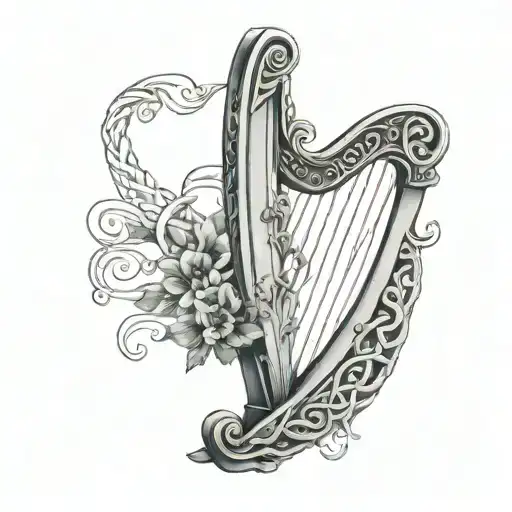 A tattoo featuring a Celtic harp with Italian and Portuguese patterns weaving through the strings tattoo design idea