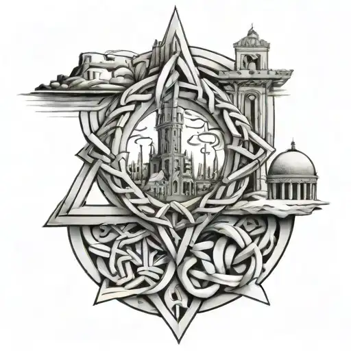 A tattoo design of a Celtic knot with Italian and Portuguese landmarks intertwined within the design tattoo design idea