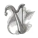 A tattoo featuring a Celtic harp with Italian and Portuguese patterns weaving through the strings tattoo design idea