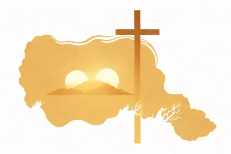 sunset with ocean and mountains with wooden cross in middle  tattoo design idea