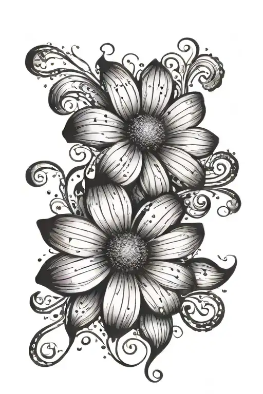 a singular black and white whimsical Daisy with particles and swirls around it tattoo design idea