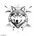 Aggressive wolf with a skull and Native American feathers tattoo design idea