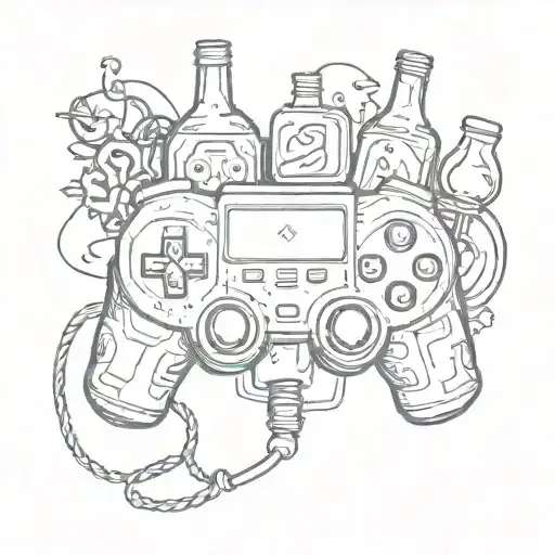 An intricate tattoo of a vintage video game controller intertwined with a bottle of alcohol, symbolizing the client's passion for gaming and drinking tattoo design idea
