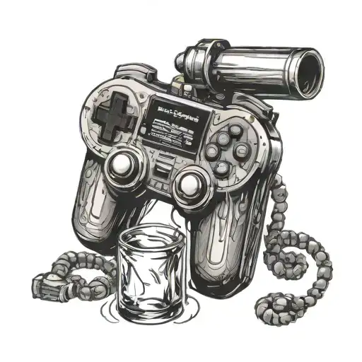 An intricate tattoo of a vintage video game controller intertwined with a bottle of alcohol, symbolizing the client's passion for gaming and drinking tattoo design idea