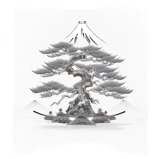 Japanese samurai warrior surrounded by bonsai trees tattoo design idea