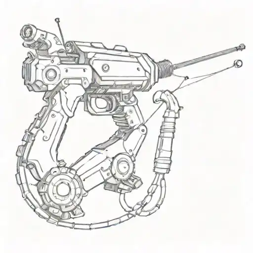 A robotic arm holding a fishing rod and throwing a dart tattoo design idea