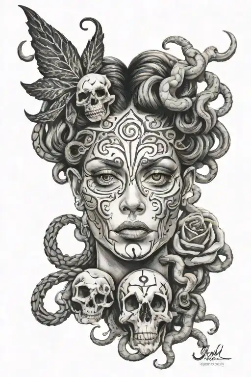 Black and grey Medusa with under a Skull Mysterious  tattoo design idea