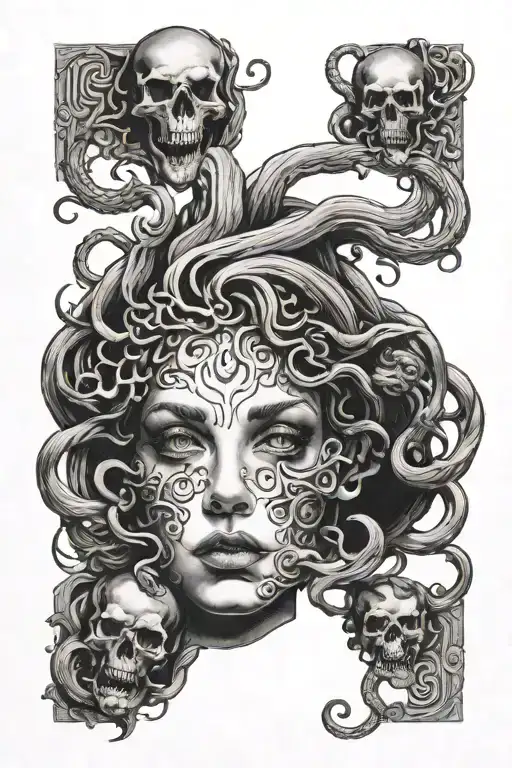 A surreal scene of a Medusa's face emerging from a pool of black ink, with a skull hidden in the shadows beneath her gaze tattoo design idea