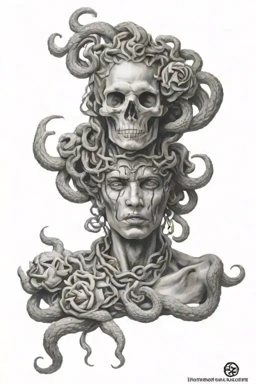 Black and grey Medusa with under a Skull Mysterious To put on the arm  tattoo design idea