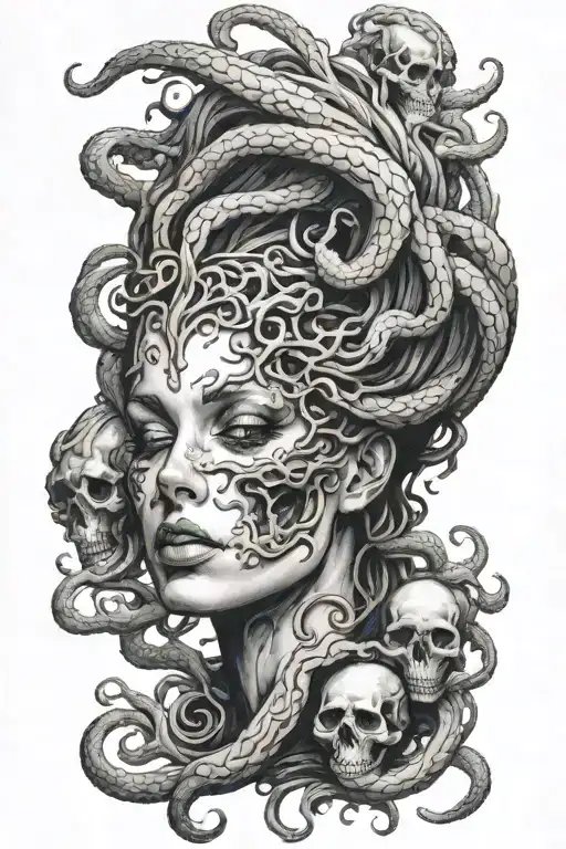 A surreal scene of a Medusa's face emerging from a pool of black ink, with a skull hidden in the shadows beneath her gaze tattoo design idea
