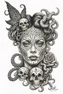 Black and grey Medusa with under a Skull Mysterious  tattoo design idea
